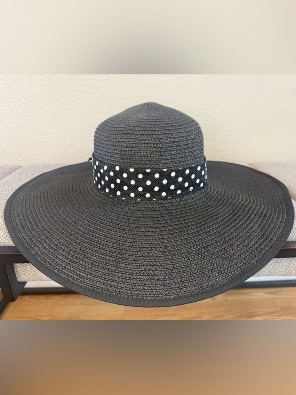 Black Wide-Brim Straw Sun Hat with Polka Dot Ribbon - Picture 6 of 16